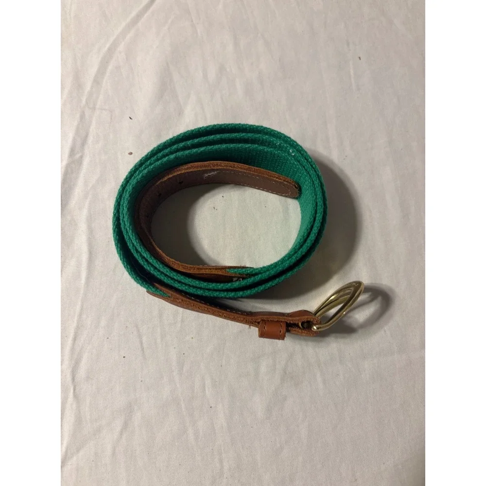 Preston Canvas Leather Belt‎ Mens 40 Green Navy Embroidered Golf Motif Good